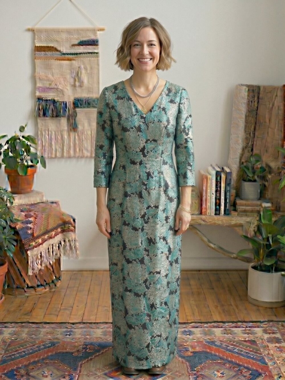 Neiman Marcus green and Black Floral burnout, Long Sleeve metallic Dress